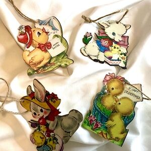 Vintage Victorian style Easter Spring tree ornaments. Chicks animals lamb. Wood
